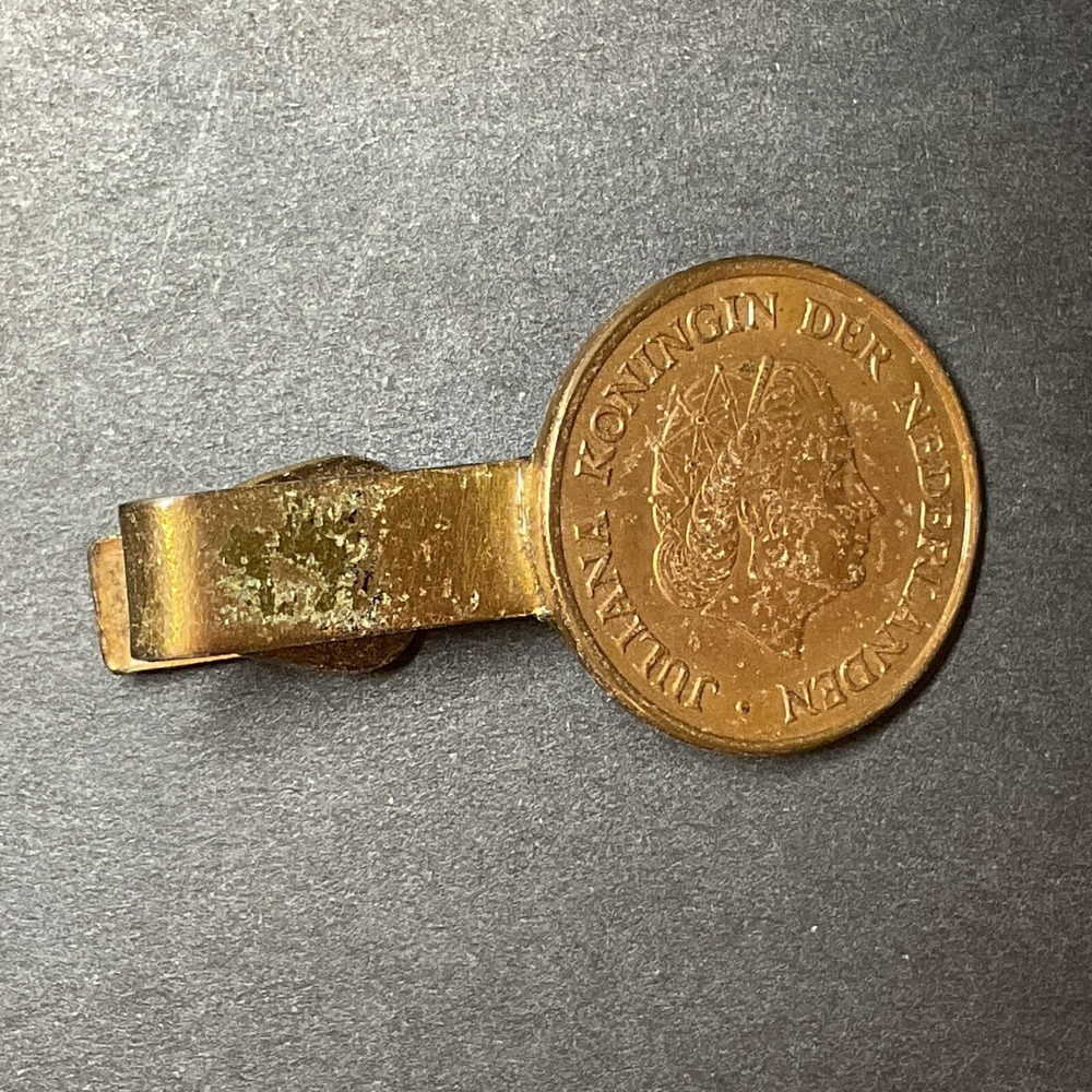 Vintage Netherlands Coin Tie Bar Clip Queen Juliana Foreign Currency Jewelry